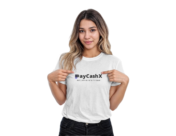 Woman pointing to her PayCashX shirt